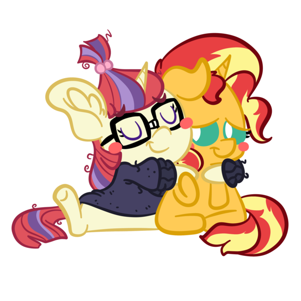 Size: 1500x1500 | Tagged: safe, artist:amethystcutey, derpibooru import, moondancer, sunset shimmer, pony, unicorn, blush sticker, blushing, chibi, clothes, eyes closed, female, filly, glasses, hug, lidded eyes, simple background, sweater, transparent background, white outline