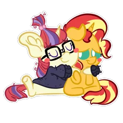 Size: 1500x1500 | Tagged: safe, artist:amethystcutey, derpibooru import, moondancer, sunset shimmer, pony, unicorn, blush sticker, blushing, chibi, clothes, eyes closed, female, filly, glasses, hug, lidded eyes, simple background, sweater, transparent background, white outline