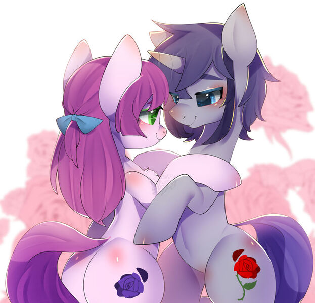 Size: 800x770 | Tagged: safe, artist:snow angel, derpibooru import, oc, unofficial characters only, earth pony, pony, unicorn, abstract background, bipedal, bow, female, hug, looking at each other, male, mare, stallion