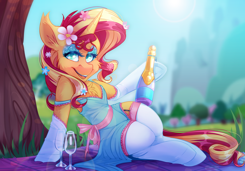 Size: 5803x4044 | Tagged: safe, artist:drizziedoodles, artist:zombie, derpibooru import, sunset shimmer, pony, semi-anthro, unicorn, blanket, bow, champagne, clothes, collaboration, dress, eyeshadow, female, flower, flower in hair, garter belt, glass, grass, human shoulders, lens flare, looking at you, makeup, mare, shade, smiling, socks, solo, spring, stockings, thigh highs, tree