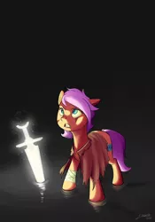 Size: 2100x3000 | Tagged: safe, artist:silverhopexiii, derpibooru import, oc, unofficial characters only, earth pony, pony, bandage, black background, cloak, clothes, female, glow, magic sword, mare, simple background, solo, standing in water, sword, water, weapon