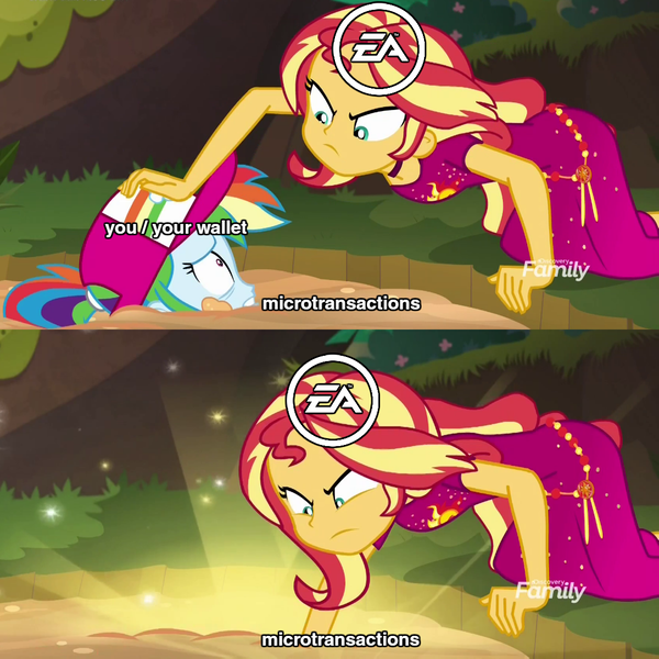 Size: 1080x1080 | Tagged: safe, derpibooru import, edit, edited screencap, screencap, rainbow dash, sunset shimmer, equestria girls, equestria girls series, spring breakdown, spoiler:eqg series (season 2), caption, ea, electronic arts, exploitable meme, geode of empathy, image macro, magical geodes, meme, microtransactions, quicksand, quicksand meme, star wars battlefront, star wars battlefront 2, text, truth