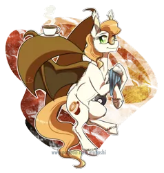 Size: 1200x1258 | Tagged: safe, artist:inuhoshi-to-darkpen, derpibooru import, oc, oc:moka heart, unofficial characters only, bat pony, pony, bat pony oc, bat wings, coffee, coffee cup, cup, ear fluff, female, fluffy, hoof hold, mare, saucer, simple background, slit eyes, solo, towel, transparent background, unshorn fetlocks, wing hold, wings, wrench