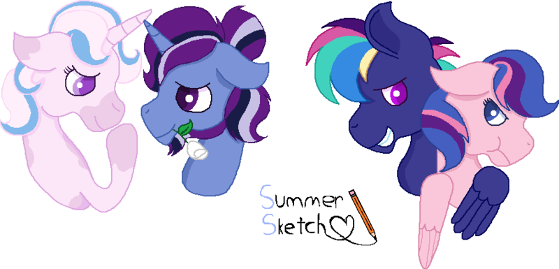 Size: 901x434 | Tagged: safe, artist:summersketch-mlp, derpibooru import, oc, oc:dusk star, oc:firework, oc:galaxy guard, oc:primrose, unofficial characters only, pegasus, pony, unicorn, kindverse, female, male, offspring, offspring shipping, parent:fancypants, parent:flash sentry, parent:fleur-de-lis, parent:rainbow dash, parent:silver script, parent:soarin', parent:twilight sparkle, parents:fancyfleur, parents:flashlight, parents:soarindash, parents:twiscript, straight, vitiligo