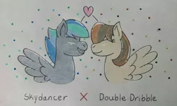 Size: 1280x770 | Tagged: safe, artist:musicalartninja, derpibooru import, oc, oc:double dribble, oc:skydancer, unofficial characters only, pony, kindverse, adopted offspring, female, male, offspring, offspring shipping, offspring's offspring, parent:dumbbell, parent:hoops, parent:oc:firework, parent:oc:storm strike, parent:zippoorwhill, parents:dumbhoops, straight