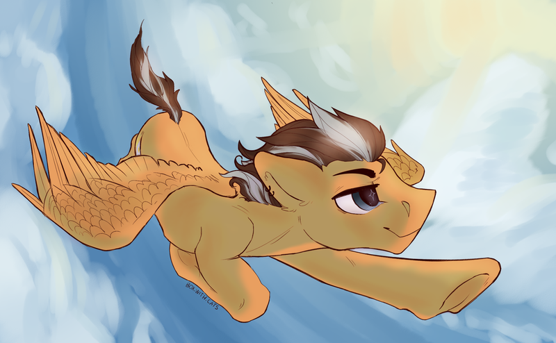 Size: 2472x1528 | Tagged: safe, artist:cherry_kotya, derpibooru import, oc, unofficial characters only, pony, cloud, flying, male, sky, solo, sunshine, wings