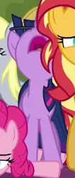 Size: 211x497 | Tagged: safe, derpibooru import, screencap, derpy hooves, pinkie pie, sci-twi, sunset shimmer, twilight sparkle, ponified, pony, unicorn, equestria girls, equestria girls series, spring breakdown, spoiler:eqg series (season 2), cropped, equestria girls ponified, nose in the air, offscreen character, unicorn sci-twi, uvula