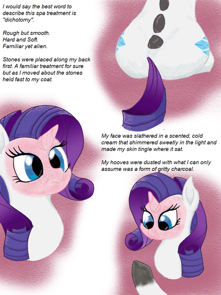 Size: 768x1024 | Tagged: safe, artist:mrleft, derpibooru import, rarity, pony, comic:spa research, comic, hot stone massage, mud mask