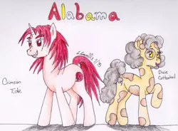 Size: 1103x812 | Tagged: safe, artist:pristine1281, derpibooru import, part of a set, oc, oc:crimson tide, oc:dixie cottontail, unofficial characters only, earth pony, pony, unicorn, alabama, female, mare, part of a series, traditional art