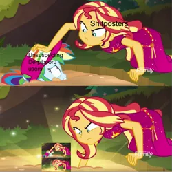 Size: 719x720 | Tagged: safe, derpibooru import, edit, edited screencap, editor:countcoltnackh, screencap, rainbow dash, sunset shimmer, derpibooru, equestria girls, equestria girls series, spring breakdown, spoiler:eqg series (season 2), caption, exploitable meme, geode of empathy, image macro, magical geodes, meme, meta, quicksand, quicksand meme, text