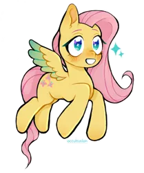 Size: 900x1077 | Tagged: safe, artist:occultusion, derpibooru import, fluttershy, pegasus, pony, blushing, colored wings, colored wingtips, cute, female, looking at something, looking up, mare, outline, shyabetes, simple background, smiling, solo, sparkly eyes, spread wings, starry eyes, three quarter view, transparent background, two toned wings, white outline, wingding eyes, wings