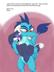 Size: 768x1024 | Tagged: suggestive, artist:mrleft, derpibooru import, princess ember, rarity, pony, comic:spa research, aftercare, blushing, comic, dragon lord ember, fetish, holding a pony, post-vore, towel, wrapped up