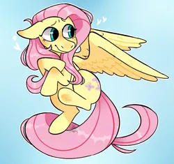 Size: 1089x1024 | Tagged: safe, artist:incubugs, derpibooru import, fluttershy, pegasus, pony, blue background, blushing, colored background, female, floppy ears, funny, gradient background, heart, looking away, looking sideways, mare, outline, simple background, smiling, solo, spread wings, underhoof, white outline, wings