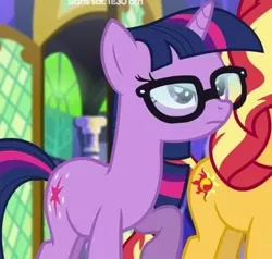 Size: 398x379 | Tagged: safe, derpibooru import, screencap, sci-twi, sunset shimmer, twilight sparkle, ponified, pony, unicorn, equestria girls, equestria girls series, spring breakdown, spoiler:eqg series (season 2), cropped, cutie mark, equestria girls ponified, female, glasses, mare, offscreen character, twilight's castle, unicorn sci-twi