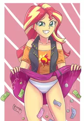 Size: 2281x3291 | Tagged: suggestive, artist:sumin6301, derpibooru import, edit, editor:jamalleymall, sunset shimmer, equestria girls, equestria girls series, clothes, coin, female, flashing, looking at you, miniskirt, money, panties, shirt, skirt, skirt lift, solo, solo female, striped underwear, thighs, underwear