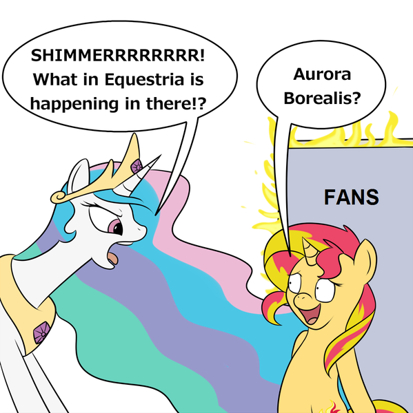 Size: 951x953 | Tagged: safe, artist:meepymaybelle, derpibooru import, edit, princess celestia, sunset shimmer, alicorn, pony, unicorn, 22 short films about springfield, angry, aurora borealis, bad poker face, bipedal, blatant lies, door, eye contact, female, fiery shimmer, fire, frown, glare, looking at each other, mare, nervous, open mouth, seems legit, simple background, simpsons did it, smiling, speech bubble, steamed hams, the simpsons, white background, wide eyes