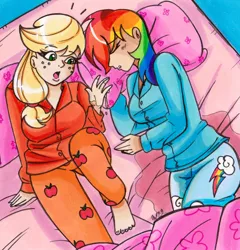 Size: 1194x1242 | Tagged: applejack, artist:imaranx, bedroom, bedwetting, breasts, clothes, commission, derpibooru import, human, humanized, pajamas, peeing on sheets, pissing, rainbow dash, shocked, sleeping, suggestive, this will end in diapers, toes, uh oh, urine, wetting