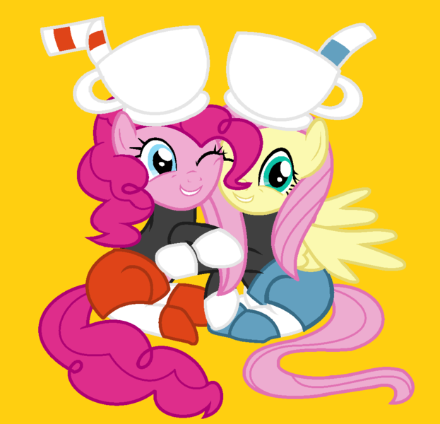 Size: 1092x1052 | Tagged: safe, artist:artzyjamie, artist:trafalgarnaomy, derpibooru import, fluttershy, pinkie pie, earth pony, pegasus, pony, base used, bendy straw, clothes, crossover, cup, cuphead, cuphead (character), drinking straw, gloves, hug, huggies, long sleeve shirt, long sleeves, mugman, shirt, shoes, shorts, straw, studio mdhr