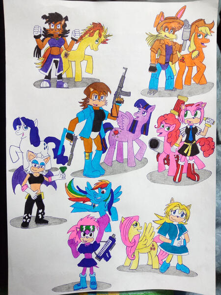 Size: 1024x1366 | Tagged: amy rose, applejack, artist:alexey5421, bunnie rabbot, crossover, derpibooru import, fluttershy, gun, mane six, maria robotnik, pinkie pie, rainbow dash, rarity, rouge the bat, safe, sally acorn, sonia the hedgehog, sonic the hedgehog (series), spitfire, twilight sparkle, weapon