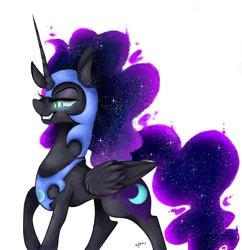 Size: 1926x1991 | Tagged: safe, artist:invaderkj, derpibooru import, nightmare moon, pony, ethereal mane, ethereal tail, evil grin, glowing eyes, grin, lidded eyes, simple background, smiling, solo, white background