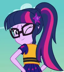 Size: 940x1060 | Tagged: safe, derpibooru import, edit, edited screencap, editor:mycarhasamoustache, screencap, sci-twi, twilight sparkle, equestria girls, equestria girls series, spring breakdown, spoiler:eqg series (season 2), cropped, geode of telekinesis, lifejacket, looking at you, magical geodes, one eye closed, ponytail, solo, wink