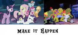 Size: 1134x513 | Tagged: safe, derpibooru import, edit, edited screencap, screencap, pony, the mean 6, caption, exploitable meme, make it happen, meme, napoleon bonafrog, obligatory pony, punk frogs, teenage mutant ninja turtles