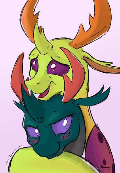 Size: 850x1224 | Tagged: artist:kam, blushing, brotherly love, brothers, changedling, changedling brothers, changeling, cute, dawwww, derpibooru import, floppy ears, hug, king thorax, lidded eyes, male, open mouth, pharybetes, pharynx, prince pharynx, safe, siblings, simple background, smiling, thorabetes, thorax