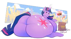 Size: 4405x2422 | Tagged: suggestive, artist:secretgoombaman12345, derpibooru import, twilight sparkle, pony, abstract background, bedroom eyes, belly, big belly, burger, butt, fat, female, food, french fries, glowing horn, horn, huge butt, large butt, looking at you, looking back, looking back at you, magic, magic aura, obese, plot, rear view, simple background, solo, stretched cutie mark, telekinesis, that pony sure does love burgers, the ass was fat, transparent background, twibutt, twilard sparkle, twilight burgkle, twilight has a big ass