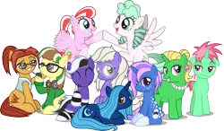 Size: 6015x3519 | Tagged: safe, artist:lightning stripe, derpibooru import, oc, oc:beetle beat, oc:caramel swallowtail, oc:everstar, oc:flowerlocks, oc:forecast, oc:hercules, oc:lightning stripe, oc:misty mint, oc:moonlight dream, oc:petunia bloom, oc:sugar mint, unofficial characters only, earth pony, pegasus, pony, unicorn, blue coat, brown eyes, clothes, cutie mark, dappled, female, flower, flower in hair, flying, glasses, green coat, green eyes, group photo, group shot, hair bun, hair over one eye, headphones, horn, jewelry, magenta eyes, makeup, mare, mother's day, necklace, orange coat, orange eyes, pearl necklace, pigtails, pink coat, pink eyes, ponytail, purple eyes, scarf, shit eating grin, show accurate, simple background, smiling, smug, socks, socks (coat marking), spiky mane, straight hair, striped mane, striped socks, sweater, transparent background, twintails, vest, white coat, wings, yellow coat