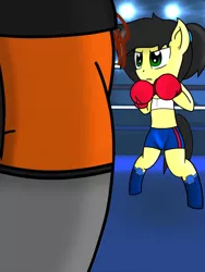 Size: 774x1032 | Tagged: safe, artist:toyminator900, derpibooru import, oc, oc:dusk strike, oc:uppercute, pegasus, pony, bipedal, boxing, boxing gloves, boxing ring, clothes, midriff, sports, sports bra