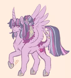 Size: 515x568 | Tagged: safe, artist:last-star-oc, derpibooru import, twilight sparkle, twilight sparkle (alicorn), alicorn, pony, alternate design, alternate hairstyle, curved horn, hair bun, horn, leonine tail, raised hoof, signature, simple background, smiling, solo, spread wings, wings