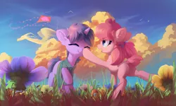 Size: 4001x2399 | Tagged: safe, artist:freeedon, derpibooru import, oc, oc:bender watt, oc:holivi, unofficial characters only, alicorn, bird, dragon, earth pony, pony, boop, butt, chest fluff, cloud, colt, cute, daaaaaaaaaaaw, dock, ear fluff, eyes closed, female, field, filly, floppy ears, flower, grass, happy, hoof hold, kite, male, mouth hold, ocbetes, open mouth, plot, raised hoof, scenery, sky, smiling, tail fluff