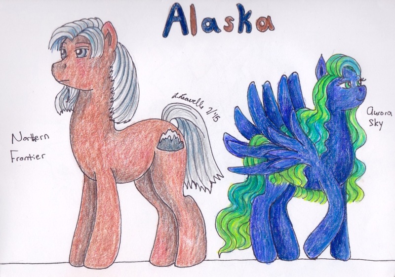 Size: 1155x810 | Tagged: safe, artist:pristine1281, derpibooru import, part of a set, oc, oc:aurora sky, oc:northern forntier, earth pony, pegasus, pony, alaska, female, male, mare, part of a series, stallion, traditional art