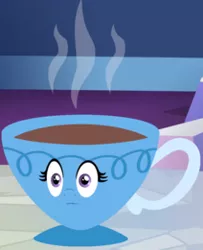 Size: 212x261 | Tagged: cup, derpibooru import, food, inanimate tf, irony, karma, safe, solo, tea, teacup, transformation, trixie, trixie teacup