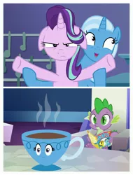 Size: 3106x4096 | Tagged: safe, derpibooru import, edit, edited screencap, screencap, spike, starlight glimmer, trixie, dragon, pony, unicorn, all bottled up, annoyed, cup, floppy ears, inanimate tf, teacup, transformation, trixie teacup, trixie's puppeteering