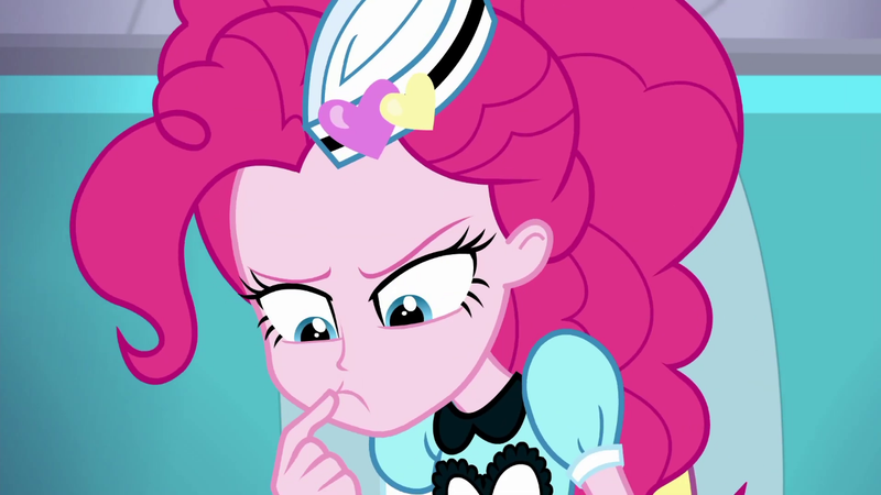 Size: 1280x720 | Tagged: safe, derpibooru import, screencap, pinkie pie, equestria girls, equestria girls series, five stars, spoiler:eqg series (season 2), female, meme fuel, server pinkie pie, solo, thinking, waitress