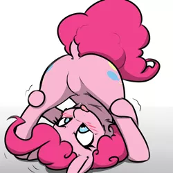 Size: 2400x2400 | Tagged: suggestive, artist:captainpudgemuffin, derpibooru import, edit, pinkie pie, pony, balloonbutt, blushing, butt, cute, dock, face down ass up, featureless crotch, female, flexible, frontbend, looking between legs, pinkie being pinkie, plot, raised tail, sfw edit, solo, solo female, tail, tongue out, upside down