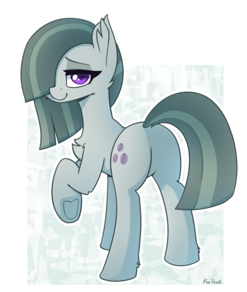 Size: 1227x1456 | Tagged: safe, artist:puetsua, derpibooru import, marble pie, earth pony, pony, abstract background, butt, chest fluff, female, hair over one eye, lidded eyes, looking back, mare, plot, raised hoof, rear view, simple background, smiling, solo, underhoof