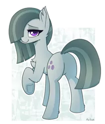 Size: 1227x1456 | Tagged: safe, artist:puetsua, derpibooru import, marble pie, earth pony, pony, abstract background, butt, chest fluff, female, hair over one eye, lidded eyes, looking back, mare, plot, raised hoof, rear view, simple background, smiling, solo, underhoof