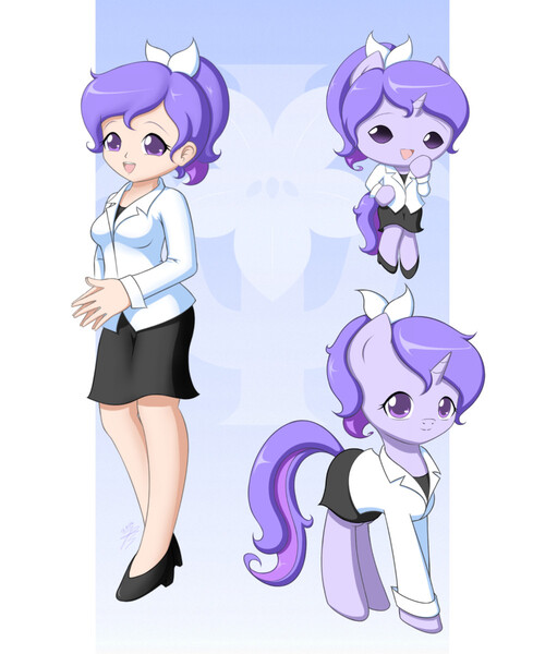 Size: 1000x1200 | Tagged: safe, artist:jdan-s, derpibooru import, oc, oc:doctor violet, unofficial characters only, anthro, human, original species, plantigrade anthro, pony, anthro with ponies, bow, chibi, clothes, cute, high heels, humanized, lab coat, legs, looking at you, moe, ocbetes, ponytail, reference sheet, shoes, skirt, solo, species swap