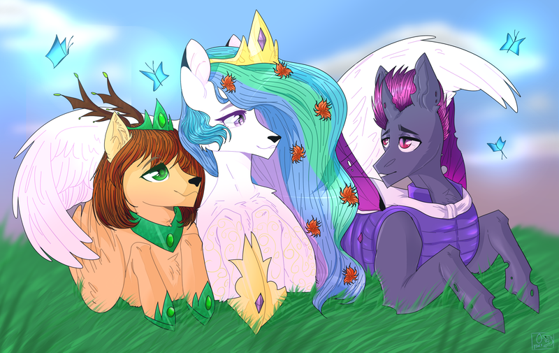 Size: 3000x1894 | Tagged: artist needed, butterfly, changeling, clothes, cloud, deer, deer pony, derpibooru import, dorestia, flower, flower in hair, grass, jewelry, looking at each other, miraestia, oc, oc:king dorigan, oc:king mirael, original species, peryton, princess celestia, prone, purple changeling, race swap, regalia, safe, sky, slit eyes, source needed, spread wings, wings