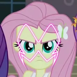 Size: 328x328 | Tagged: safe, derpibooru import, edit, edited screencap, screencap, fluttershy, equestria girls, friendship games, akumatized, angry, fluttershy is not amused, hawk moth, looking at you, miraculous ladybug, unamused