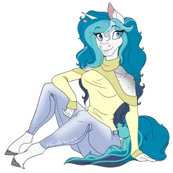 Size: 4000x4000 | Tagged: safe, artist:xxgrapehatzxx, derpibooru import, oc, oc:bubble lee, anthro, unguligrade anthro, unicorn, absurd resolution, anthro oc, clothes, cute, female, freckles, mare, ocbetes, shoulder freckles, shoulderless, simple background, sitting, smiling, solo, sweater, transparent background, turtleneck