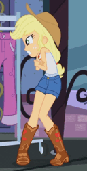 Size: 500x974 | Tagged: safe, derpibooru import, screencap, applejack, equestria girls, equestria girls series, street chic, spoiler:eqg series (season 2), animated, applejack's hat, boots, clothes, cold, cowboy boots, cowboy hat, cropped, cute, freezing, gif, hat, jackabetes, shivering, shoes, sleeveless, solo