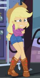 Size: 500x974 | Tagged: safe, derpibooru import, screencap, applejack, equestria girls, equestria girls series, street chic, spoiler:eqg series (season 2), animated, clothes, cold, cropped, cute, freezing, gif, jackabetes, shivering, shorts, solo, wrapped up