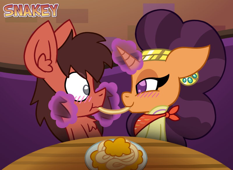 Size: 900x658 | Tagged: safe, artist:snakeythingy, derpibooru import, saffron masala, oc, oc:sketchy dupe, blushing, canon x oc, disney, dupala, food, lady and the tramp, looking at each other, noodles, sketchffron, story included