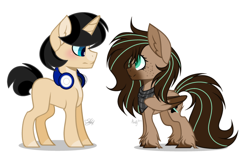 Size: 3288x2136 | Tagged: safe, artist:leanne264, artist:mintoria, derpibooru import, oc, oc:mint, unofficial characters only, pegasus, pony, unicorn, female, headphones, male, mare, stallion