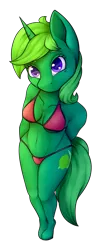 Size: 1024x2564 | Tagged: suggestive, artist:cleoziep, derpibooru import, oc, oc:lime dream, unofficial characters only, anthro, unicorn, anthro oc, arm behind back, belly button, bikini, bikini bottom, bikini top, breasts, clothes, female, freckles, green, half naked, looking at you, mare, simple background, solo, solo female, swimsuit, transparent background