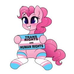 Size: 2000x2000 | Tagged: safe, artist:confetticakez, derpibooru import, pinkie pie, earth pony, pony, blushing, clothes, colored pupils, cute, diapinkes, featureless crotch, female, grin, hoof hold, mare, mouthpiece, pride, pride flag, sign, simple background, sitting, smiling, socks, solo, squee, striped socks, transgender, transparent background