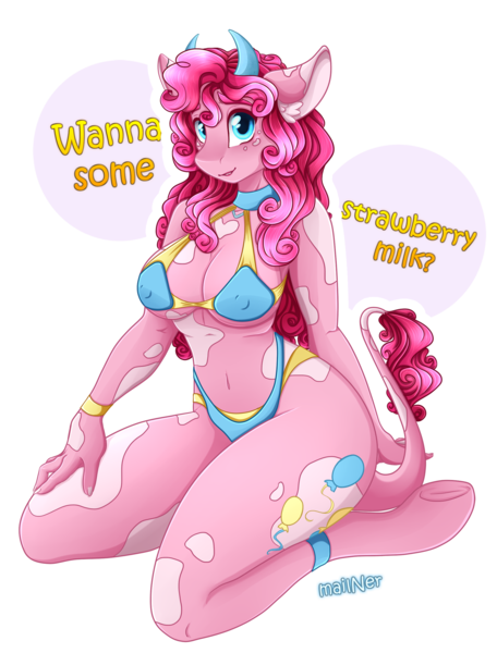 Size: 1700x2236 | Tagged: anthro, artist:mailner, blushing, breasts, busty pinkie pie, clothes, collar, cow, cow girl, cowgirl, cowified, cute, derpibooru import, erect nipples, female, frog (hoof), hooves, looking at you, nipple outline, pincow pie, pinkie pie, solo, species swap, speech, speech bubble, suggestive, swimsuit, talking, underhoof, unguligrade anthro